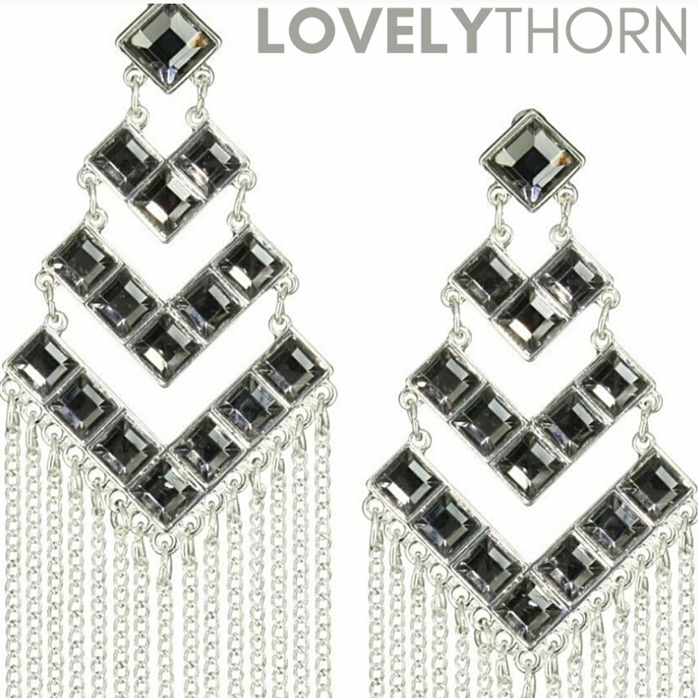 JULES SMITH // ltd ed art deco hematite crystal silver chain fringe earrings
